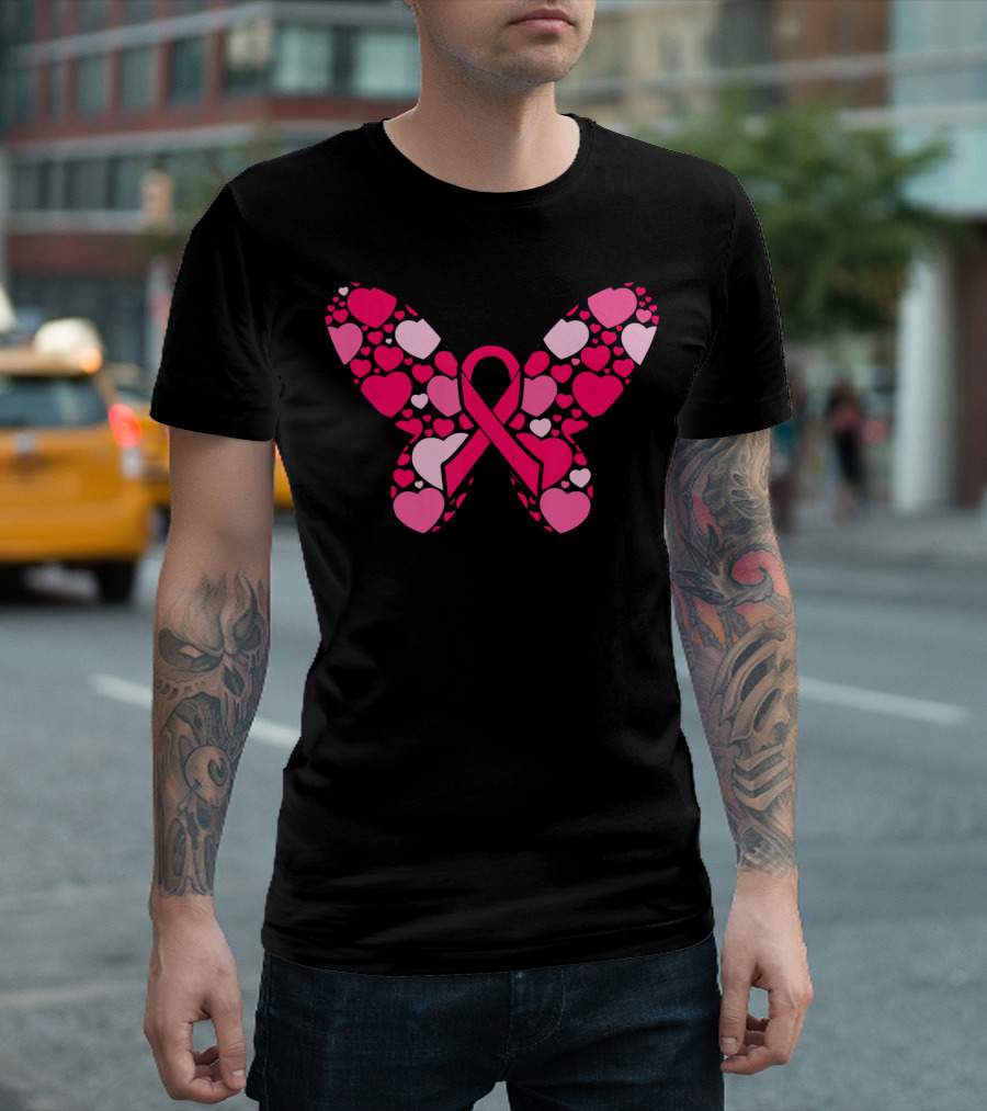 Pink Ribbon Hearts Butterfly Breast Cancer Awareness T-Shirt