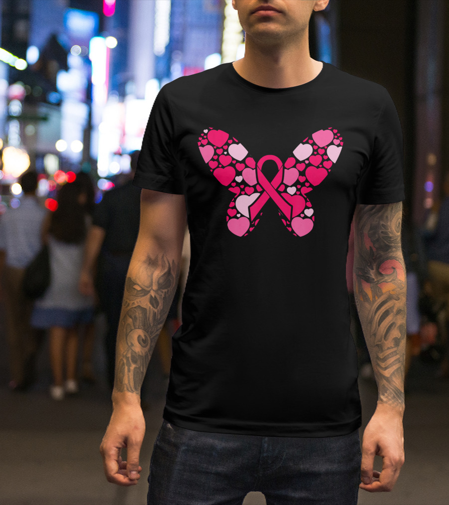Pink Ribbon Hearts Butterfly Breast Cancer Awareness T-Shirt