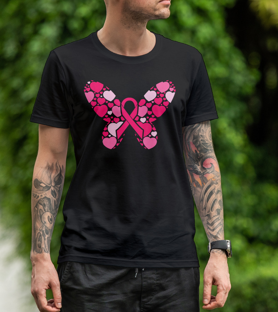 Pink Ribbon Hearts Butterfly Breast Cancer Awareness T-Shirt