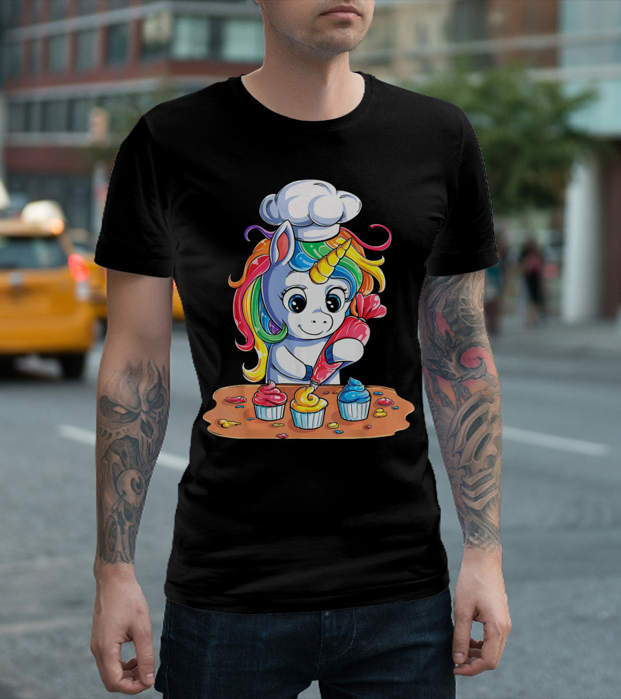 Unicorn Rainbow Chef Decorating Cupcakes Girls Magic T-Shirt