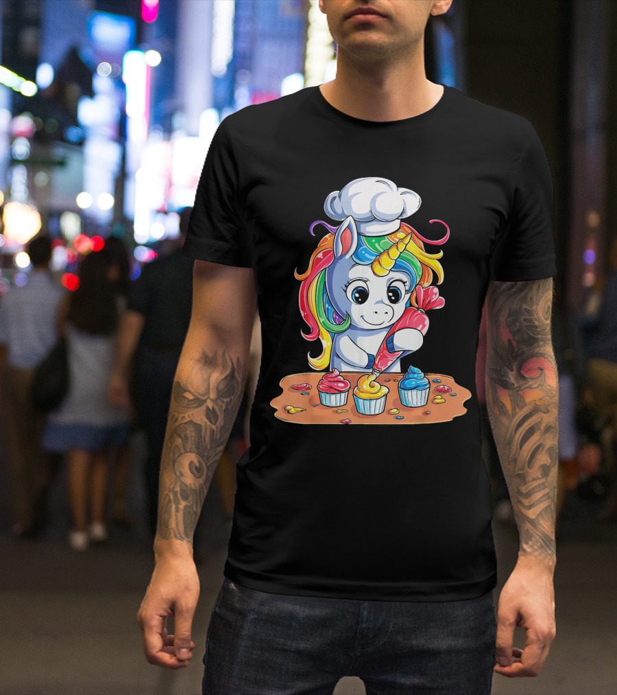 Unicorn Rainbow Chef Decorating Cupcakes Girls Magic T-Shirt