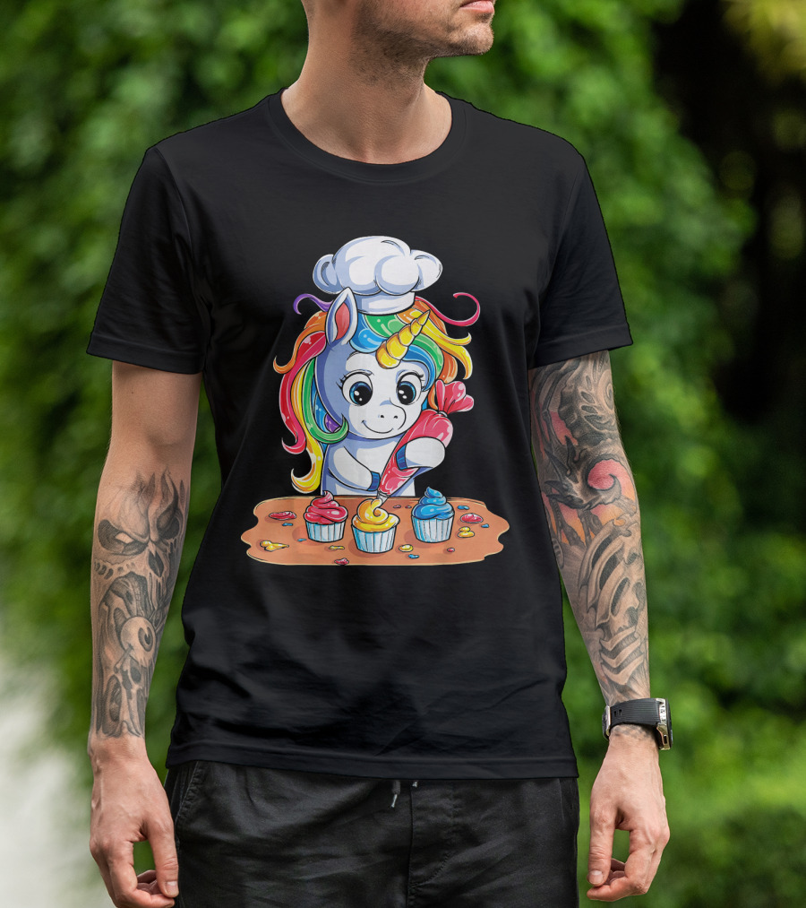 Unicorn Rainbow Chef Decorating Cupcakes Girls Magic T-Shirt