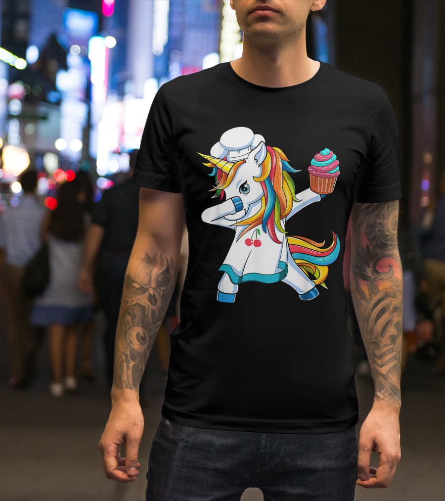 Dabbing Unicorn Rainbow Chef With Cupcake T-Shirt