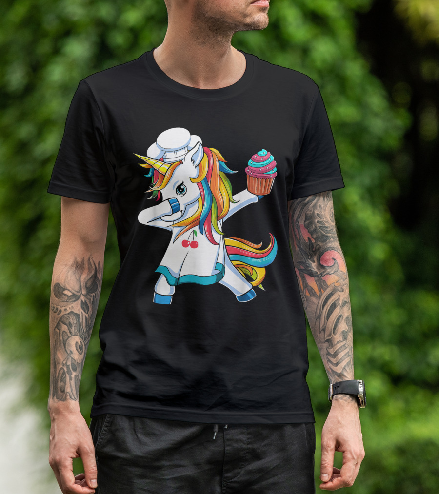 Dabbing Unicorn Rainbow Chef With Cupcake T-Shirt