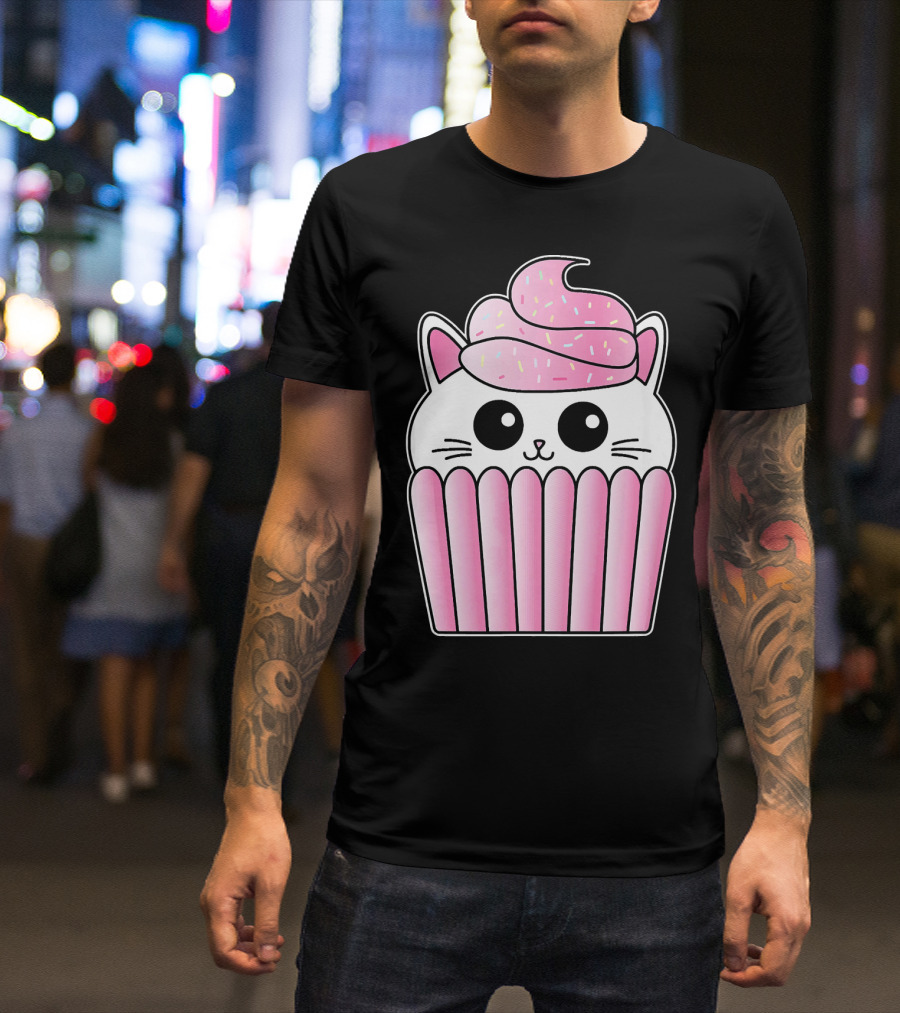 Kawaii Cat Cupcake Muffin In Pink Sweet Delight T-Shirt