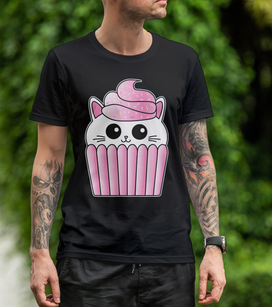 Kawaii Cat Cupcake Muffin In Pink Sweet Delight T-Shirt