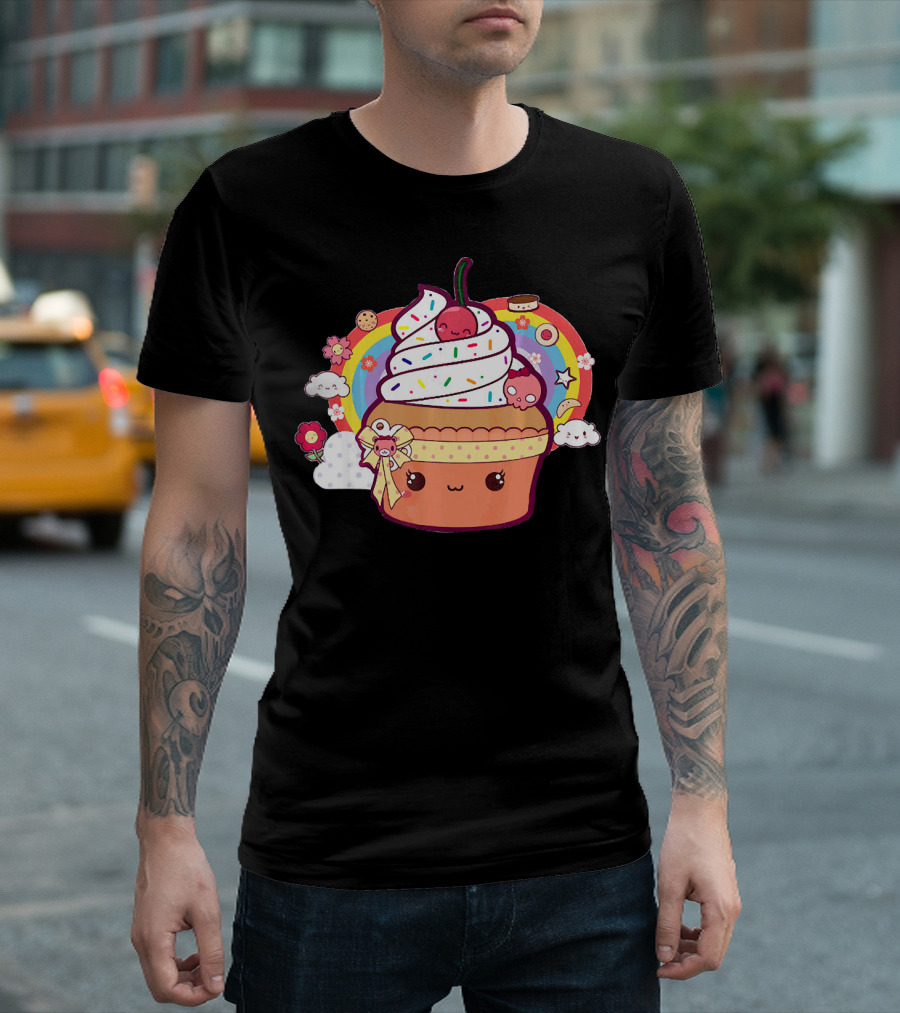 Funny Kawaii Chibi Cupcake with Rainbow and Cute Food Elements T-Shirt