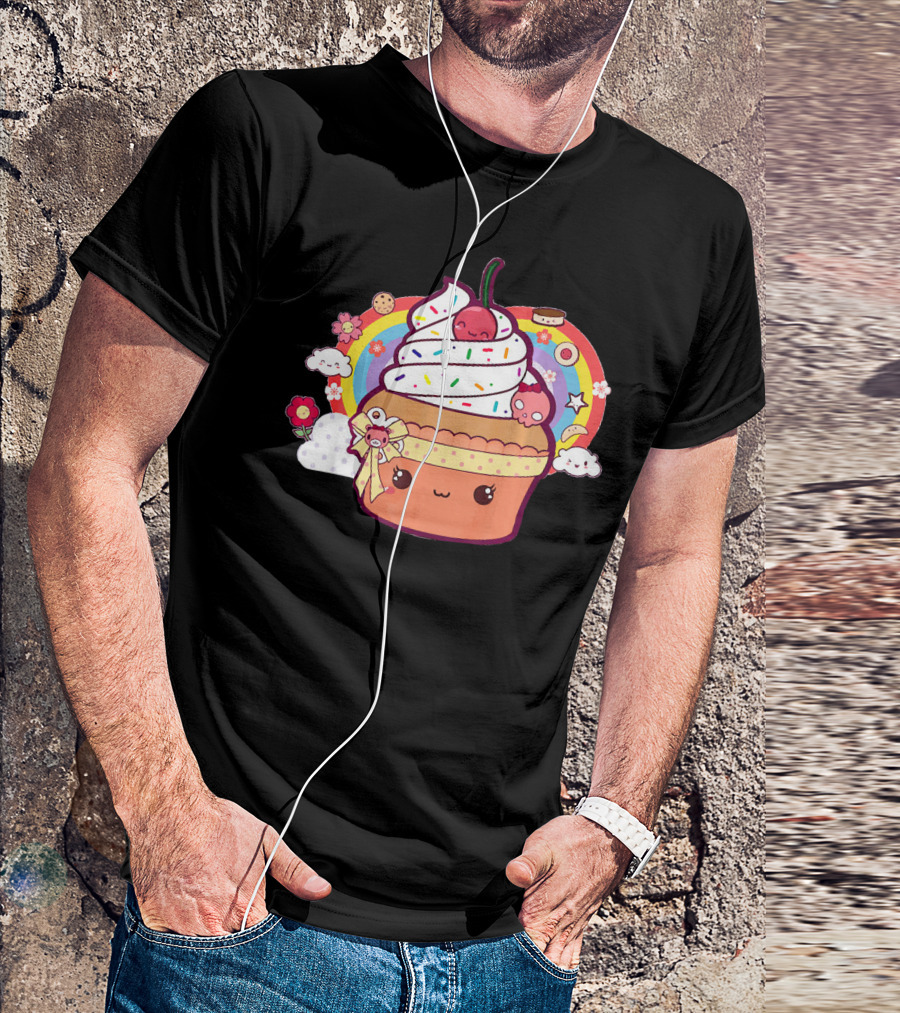 Funny Kawaii Chibi Cupcake With Rainbow And Cute Food Elements T-Shirt