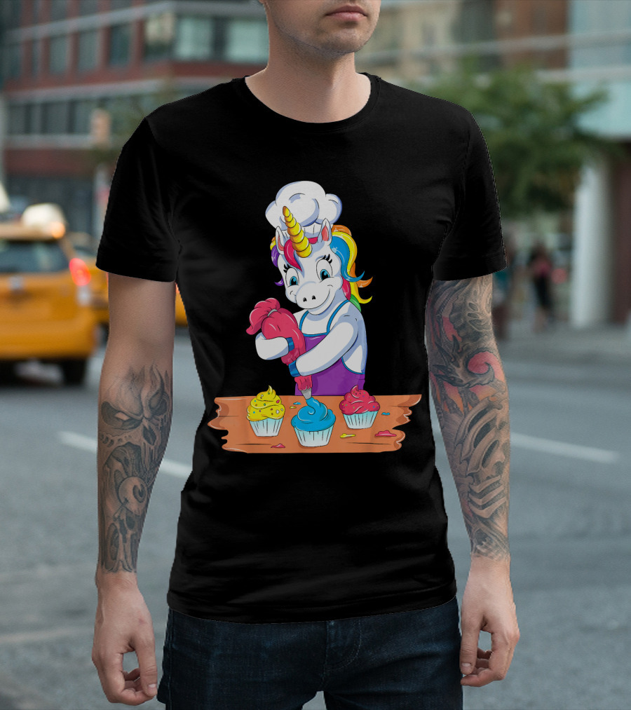 Unicorn Baking Colorful Cupcake Creations Chef T-Shirt