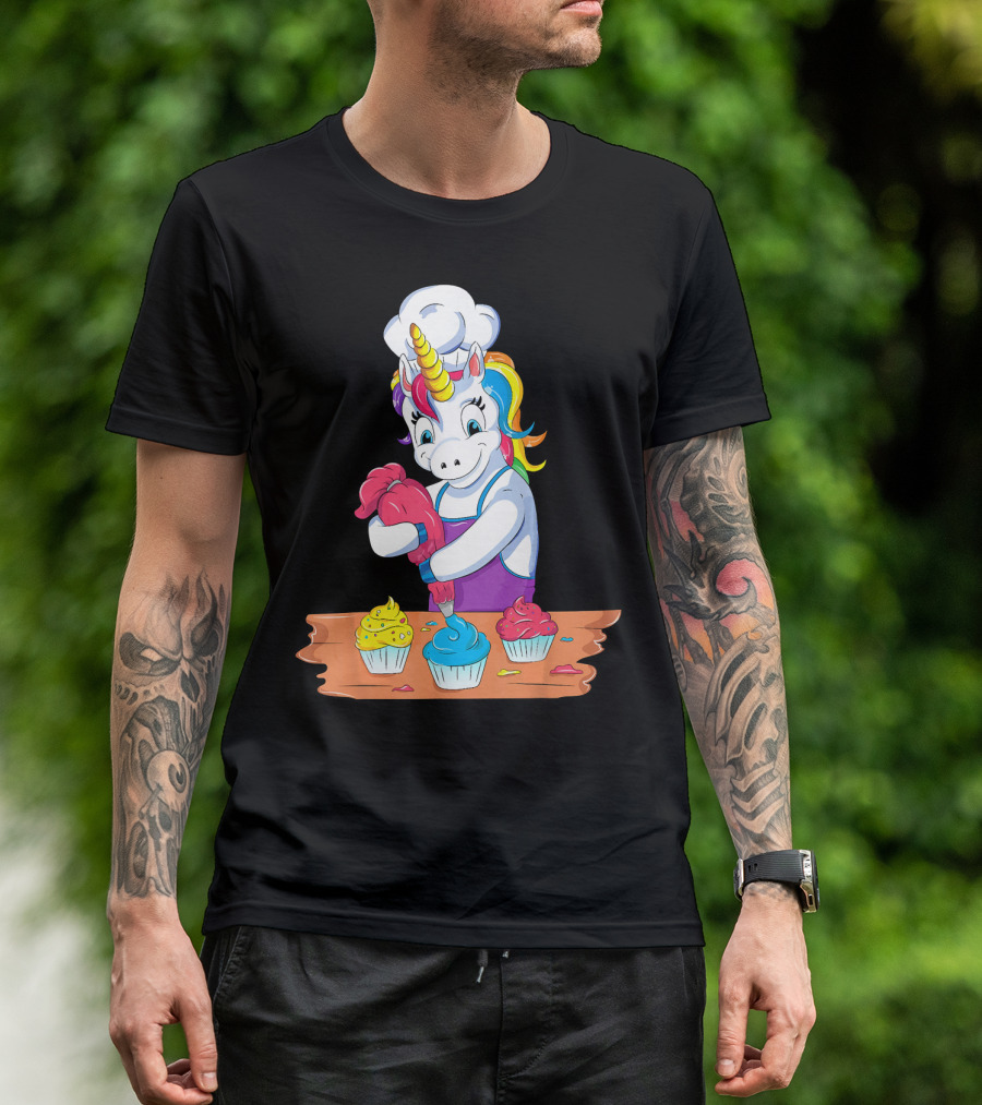 Unicorn Baking Colorful Cupcake Creations Chef T-Shirt