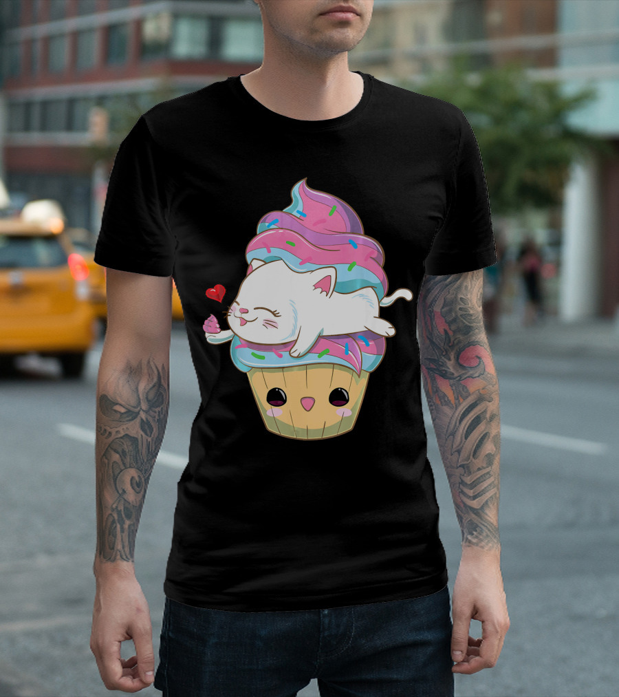 Cute Kawaii Cat On Pastel Sprinkles Cupcake With Heart Balloon T-Shirt