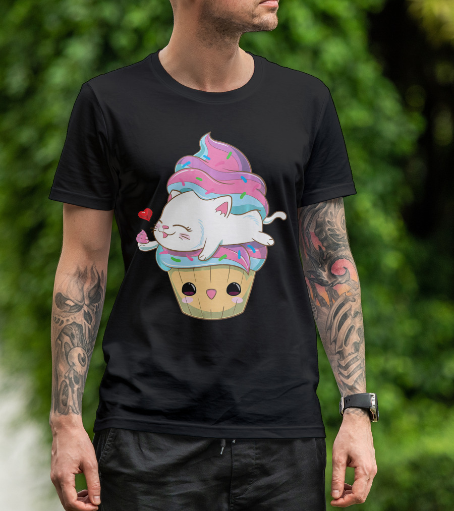 Cute Kawaii Cat On Pastel Sprinkles Cupcake With Heart Balloon T-Shirt