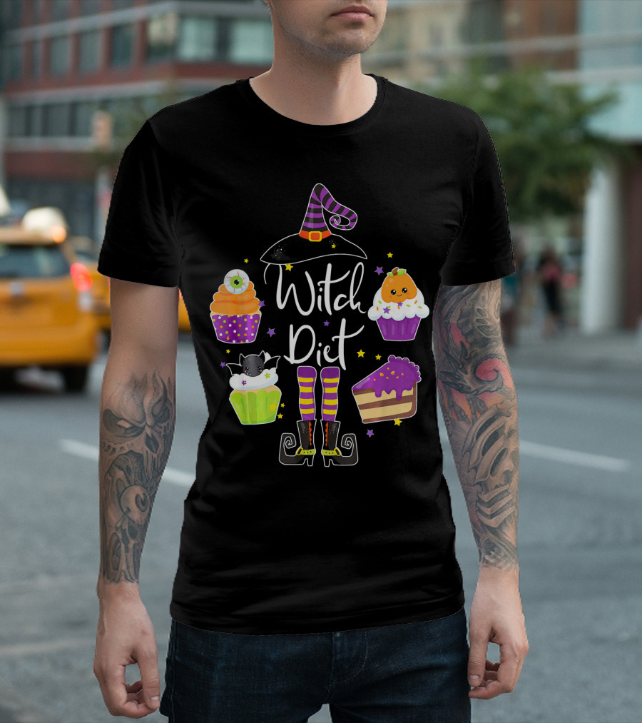 Witch Diet Funny Halloween Pumpkin Cupcake Treats With Witch Hat And Boots T-Shirt