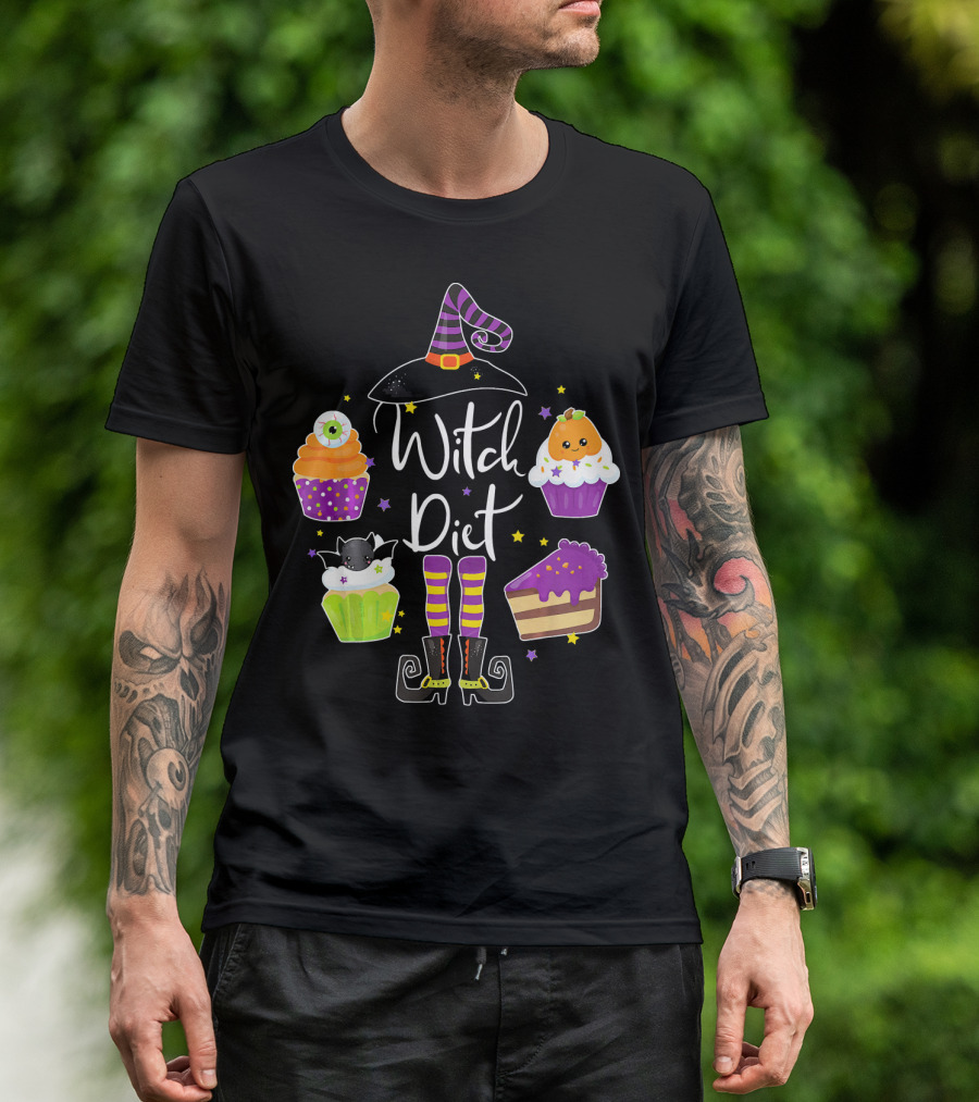 Witch Diet Funny Halloween Pumpkin Cupcake Treats With Witch Hat And Boots T-Shirt