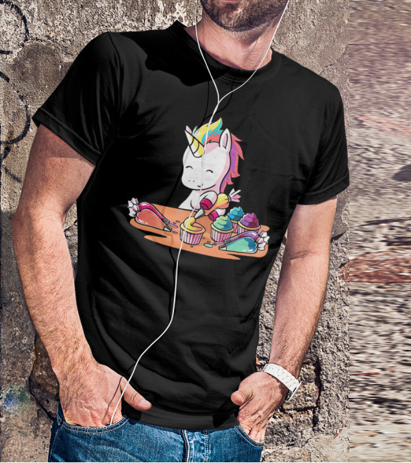 Unicorn Decorating Colorful Cupcakes With Rainbow Frosting T-Shirt