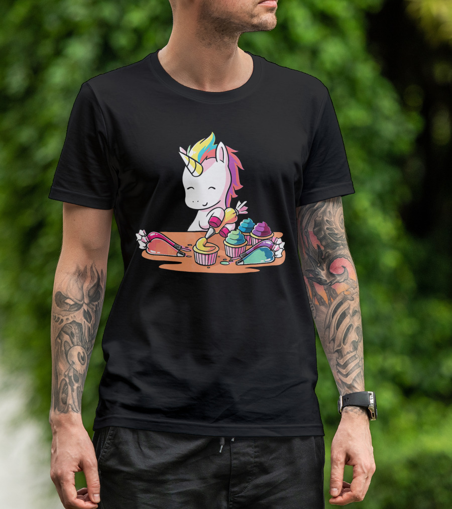 Unicorn Decorating Colorful Cupcakes With Rainbow Frosting T-Shirt