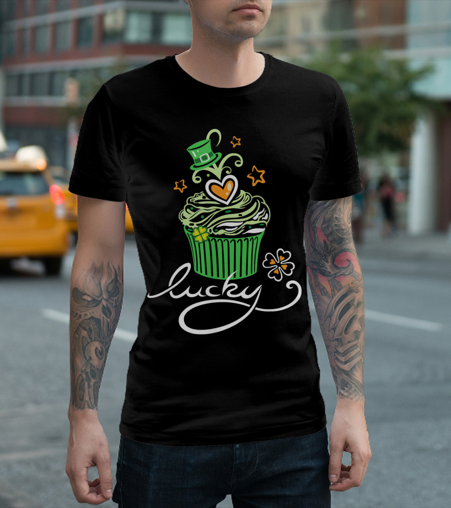Lucky Green Cupcake with St Patrick's Day Hat and Shamrock T-Shirt