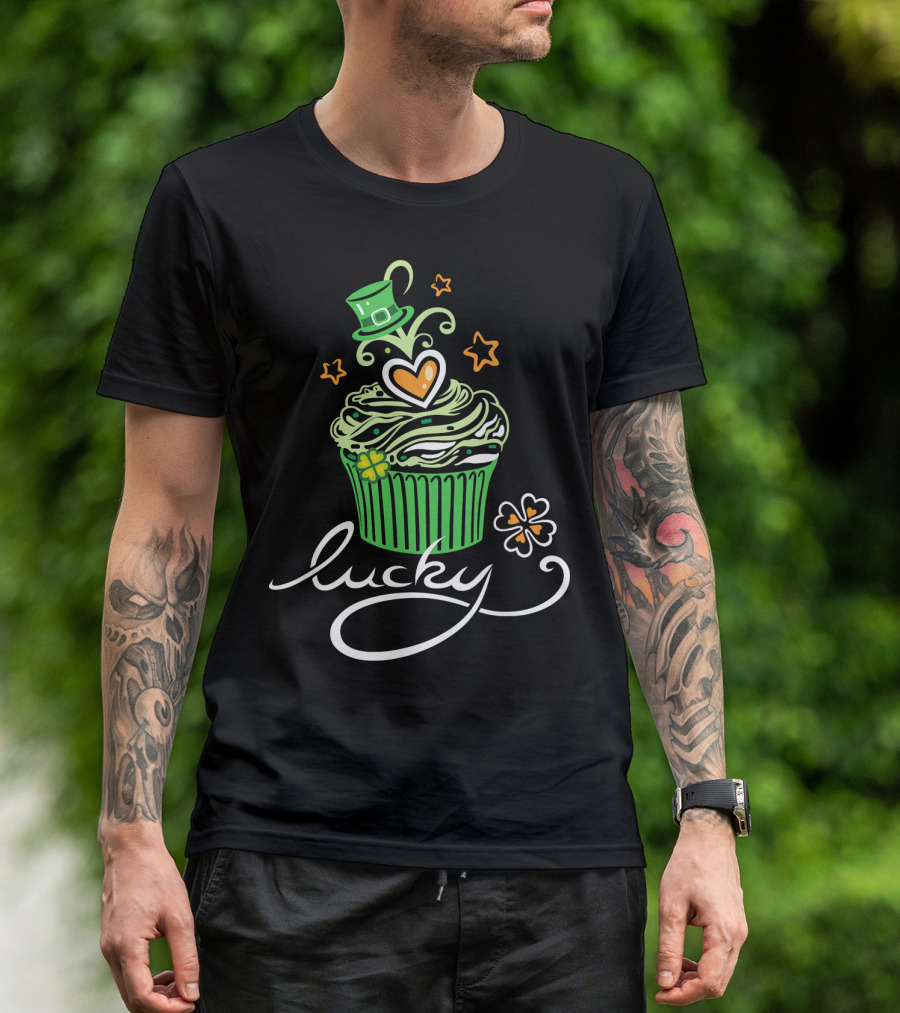 Lucky Green Cupcake With St Patrick's Day Hat And Shamrock T-Shirt