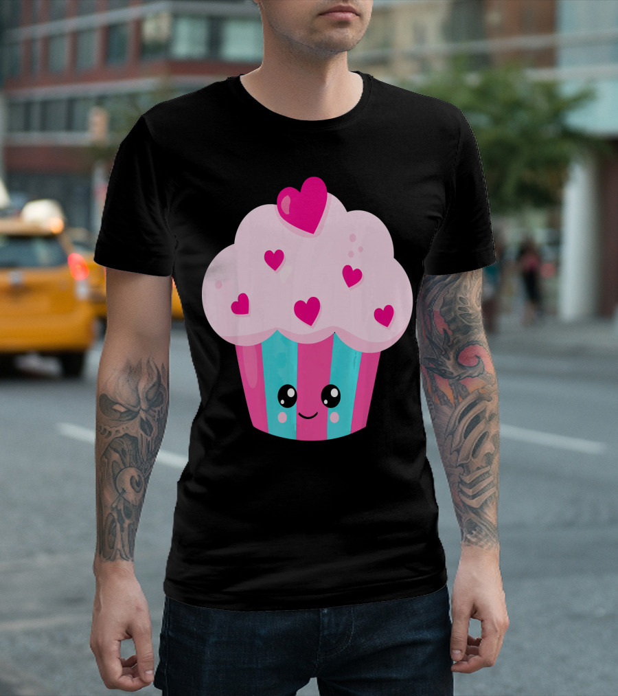Kawaii Pink Hearts Cupcake with Cute Happy Face T-Shirt
