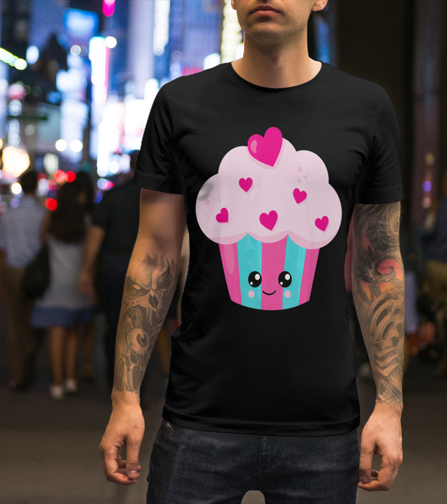 Kawaii Pink Hearts Cupcake With Cute Happy Face T-Shirt