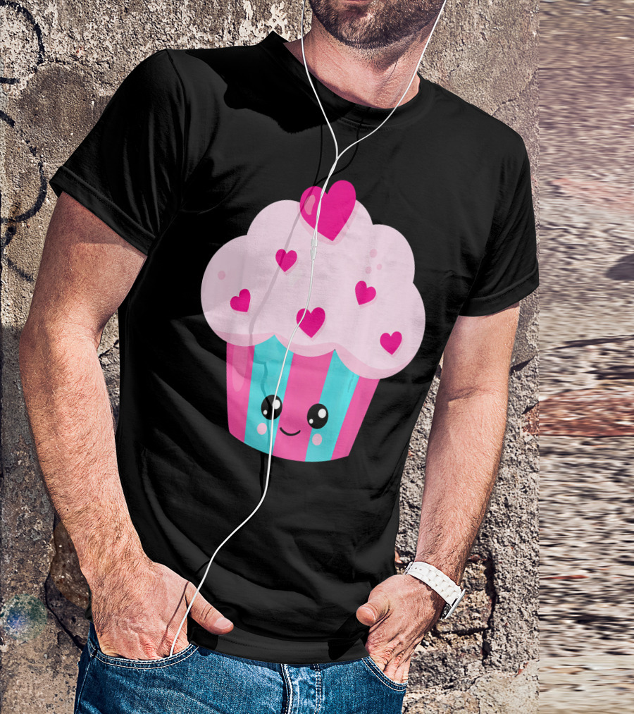 Kawaii Pink Hearts Cupcake With Cute Happy Face T-Shirt