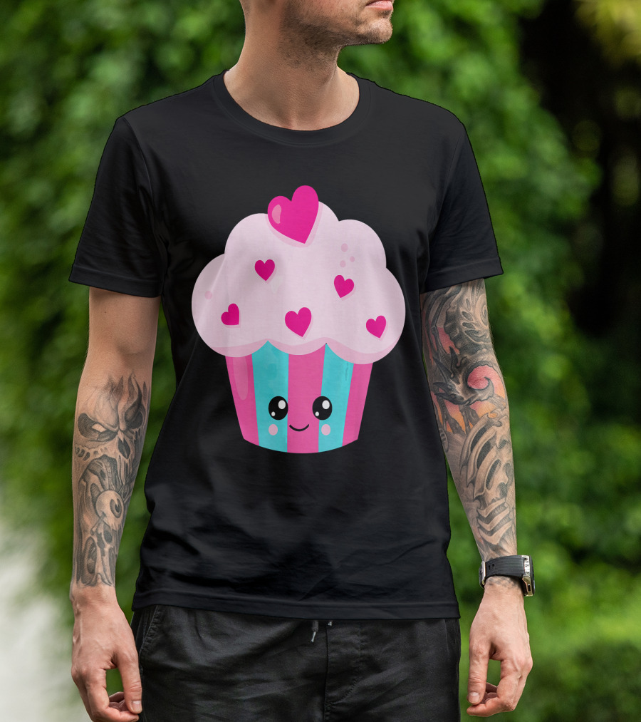Kawaii Pink Hearts Cupcake With Cute Happy Face T-Shirt