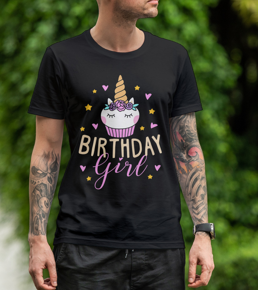 Birthday Girl Unicorn Cupcake Stars Hearts Cute Funny T-Shirt