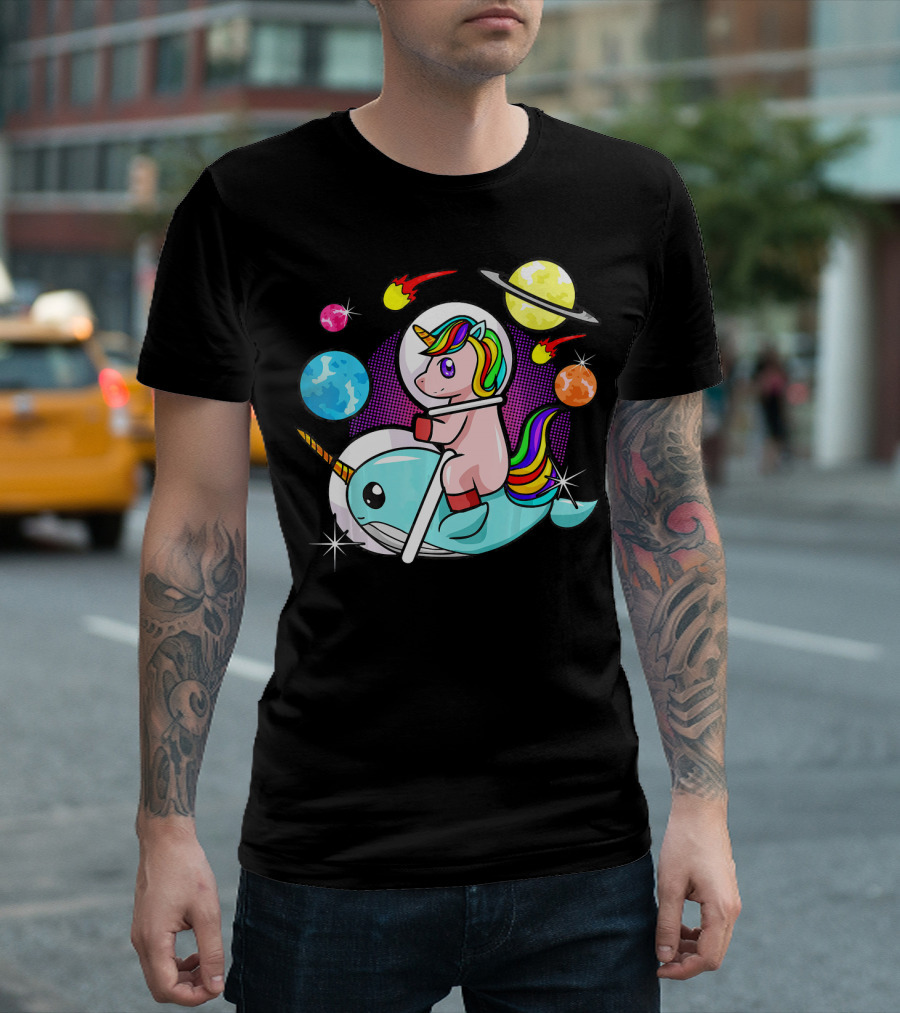 Unicorn Riding Narwhal Space Adventure With Planets And Astronaut Helmet T-Shirt