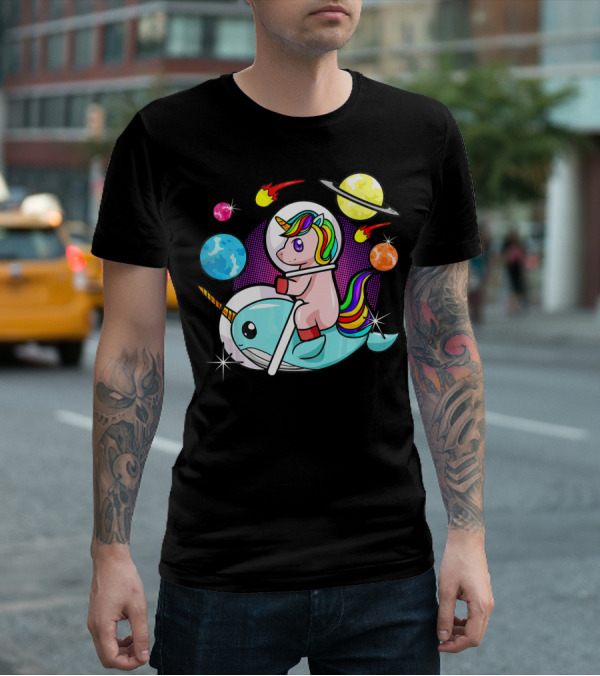 Unicorn Riding Narwhal Space Adventure With Planets And Astronaut Helmet T-Shirt