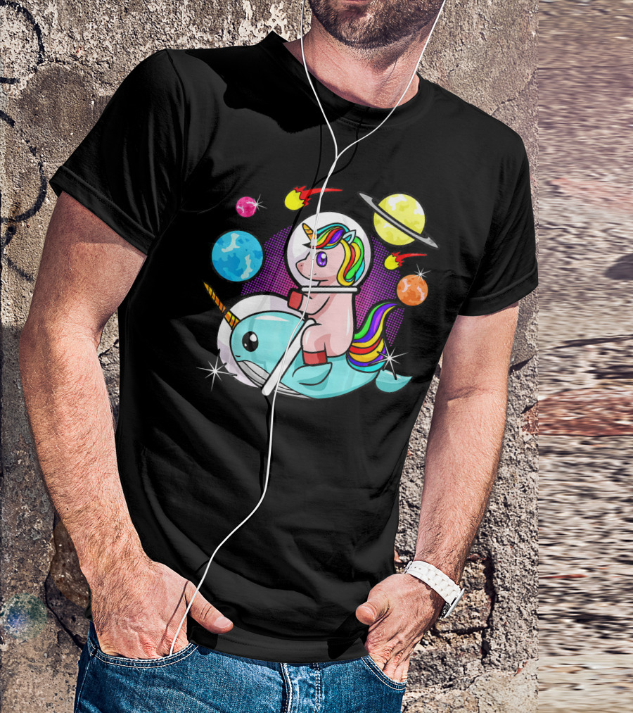 Unicorn Riding Narwhal Space Adventure With Planets And Astronaut Helmet T-Shirt