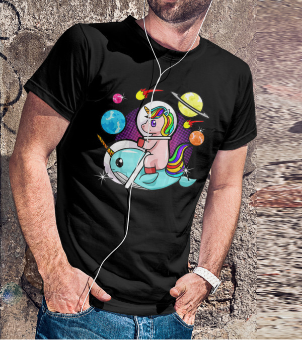 Unicorn Riding Narwhal Space Adventure With Planets And Astronaut Helmet T-Shirt