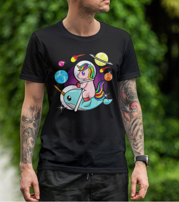 Unicorn Riding Narwhal Space Adventure With Planets And Astronaut Helmet T-Shirt