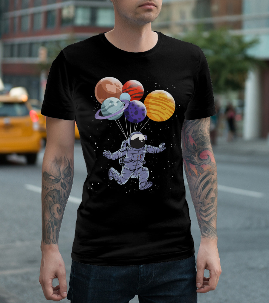 Astronaut Floating with Planet Balloons in Space Boys T-Shirt
