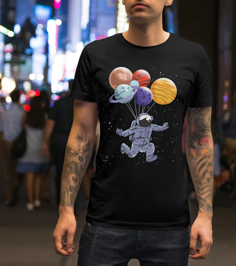 Astronaut Floating With Planet Balloons In Space Boys T-Shirt