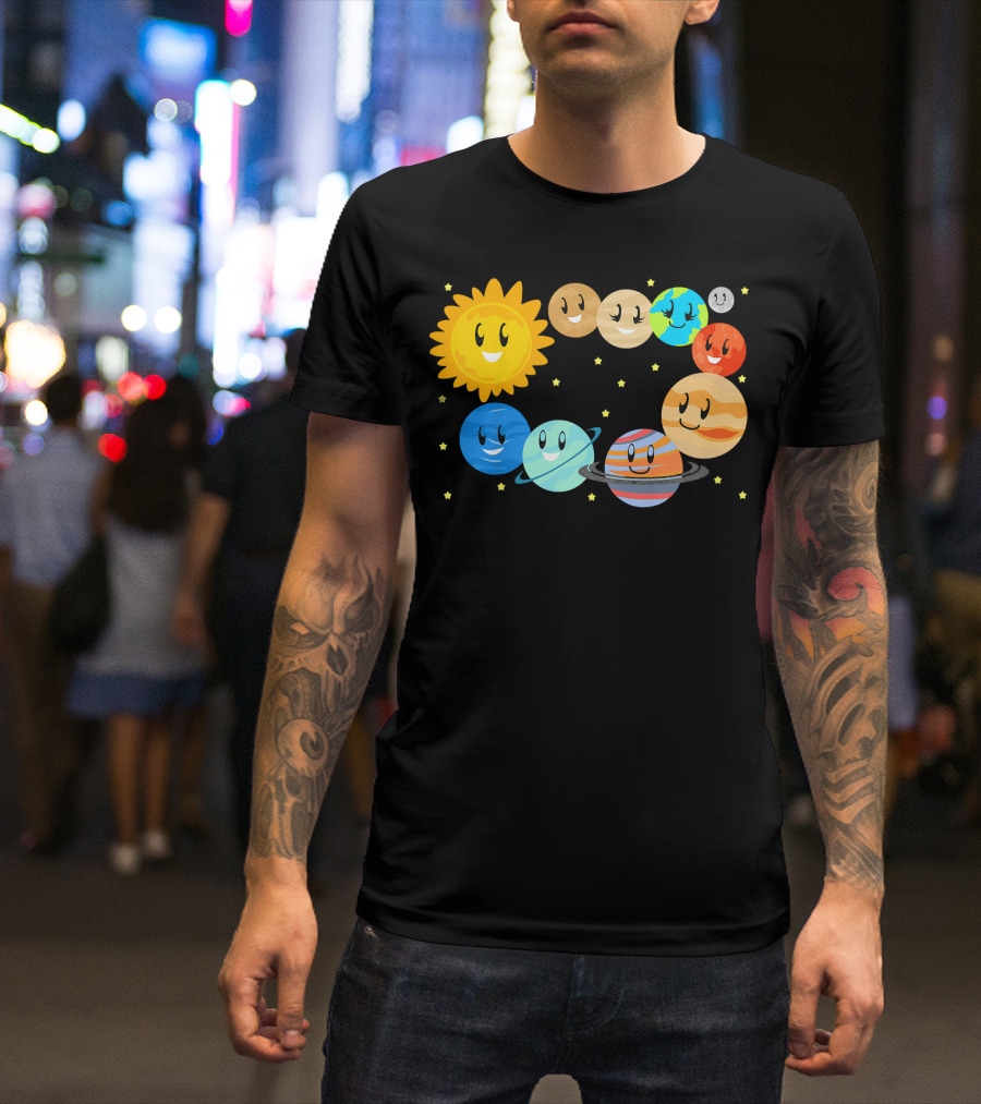 Kids Solar System Science Planets Learning Smiling Sun And Stars T-Shirt