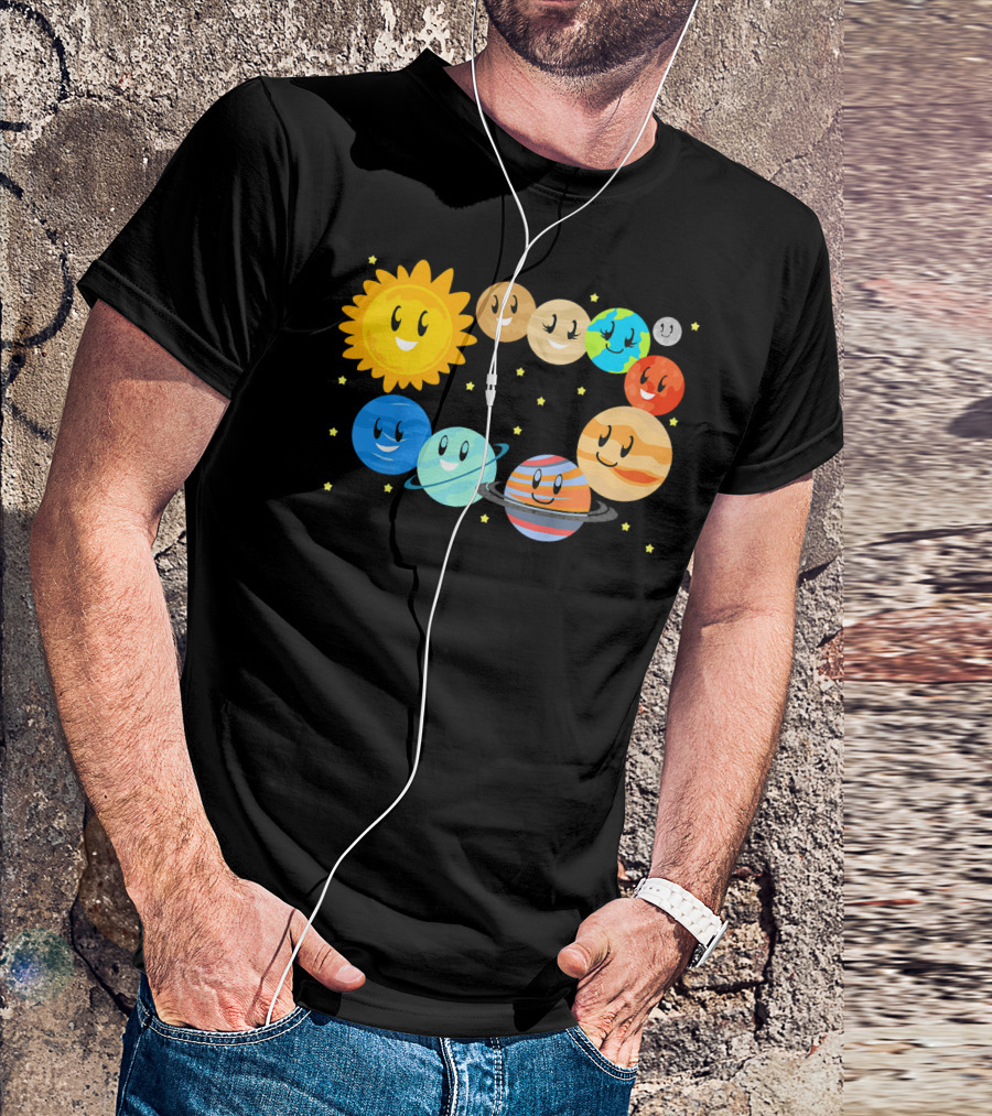 Kids Solar System Science Planets Learning Smiling Sun And Stars T-Shirt
