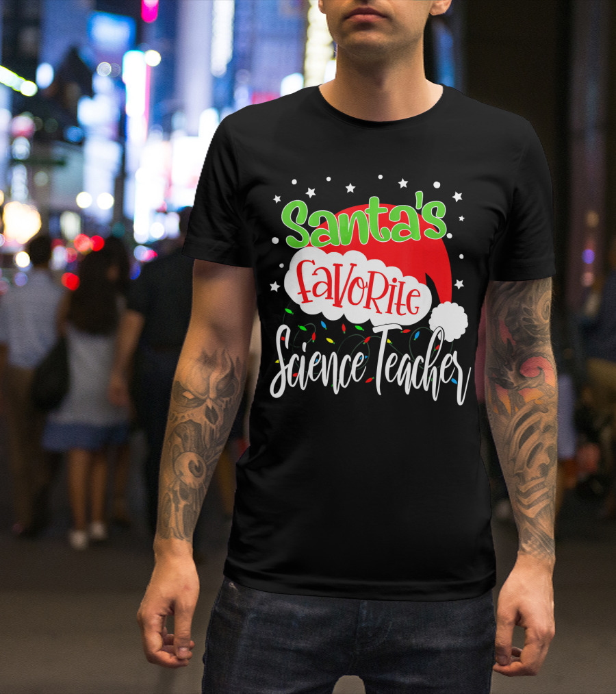 Santa's Favorite Science Teacher Christmas Hat Lights T-Shirt