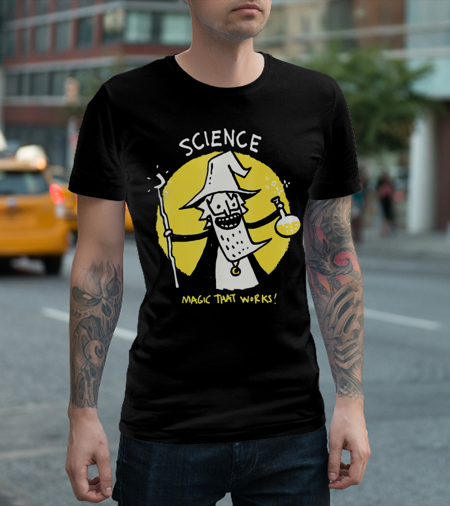 Science Magic That Works Wizard with Beaker and Staff T-Shirt