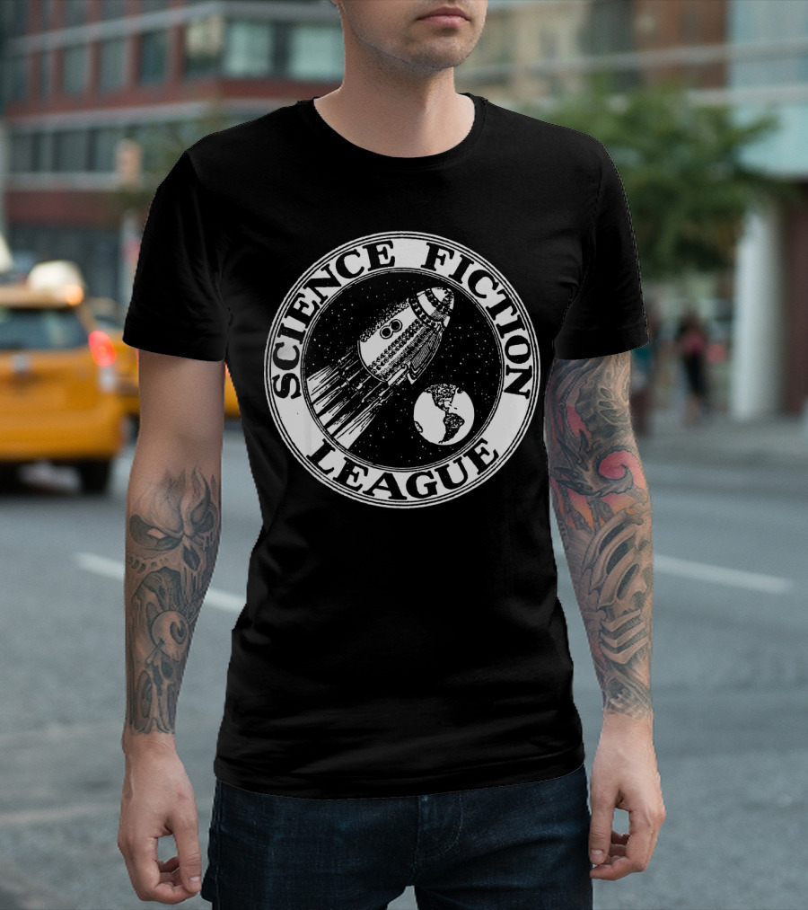 Science Fiction League 1930s Rocket And Earth Emblem T-Shirt