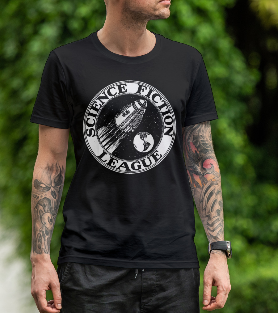 Science Fiction League 1930s Rocket And Earth Emblem T-Shirt