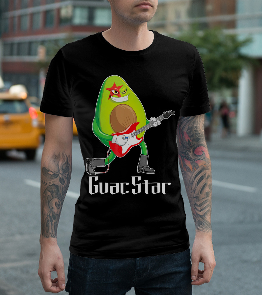 Guac Star Avocado Rock Star Playing Guitar With Red Boots T-Shirt