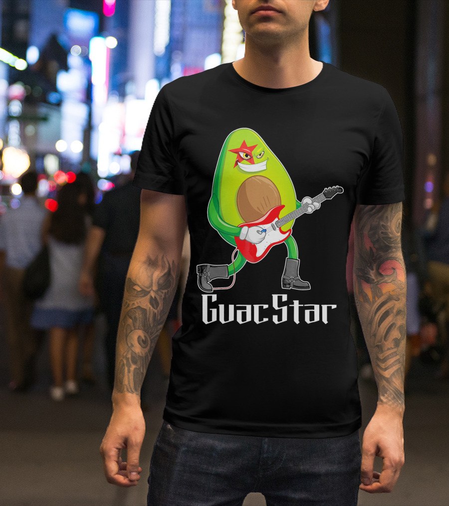 Guac Star Avocado Rock Star Playing Guitar With Red Boots T-Shirt