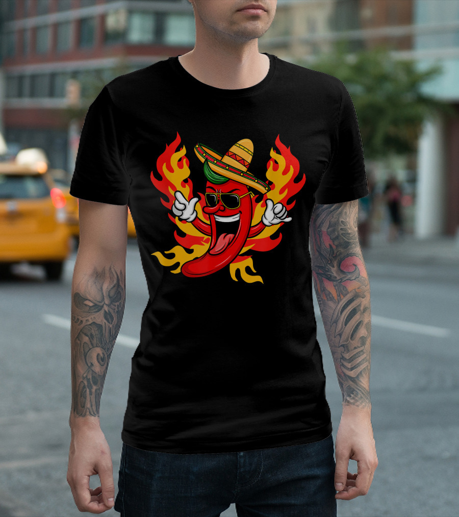 Cool Peppers Hot and Spicy Chili Flame Sombrero Party T-Shirt
