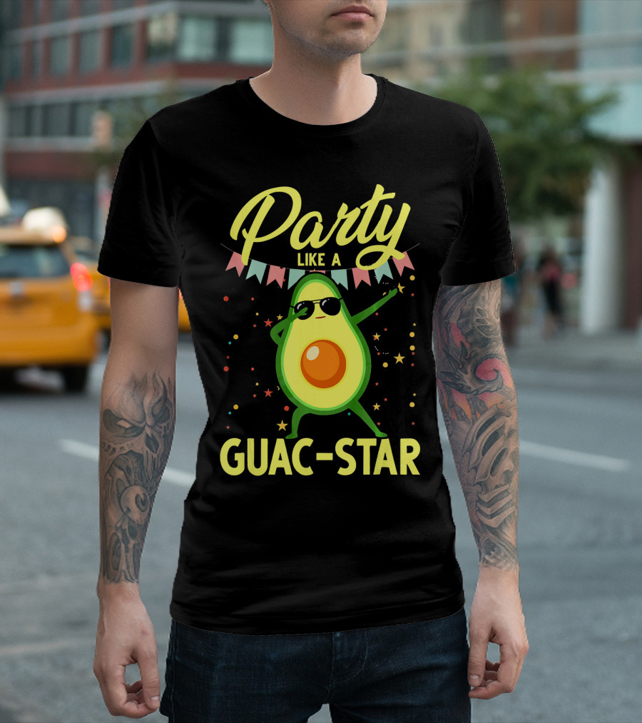 Party Like A Guac Star Avocado with Sunglasses and Colorful Festive Elements T-Shirt