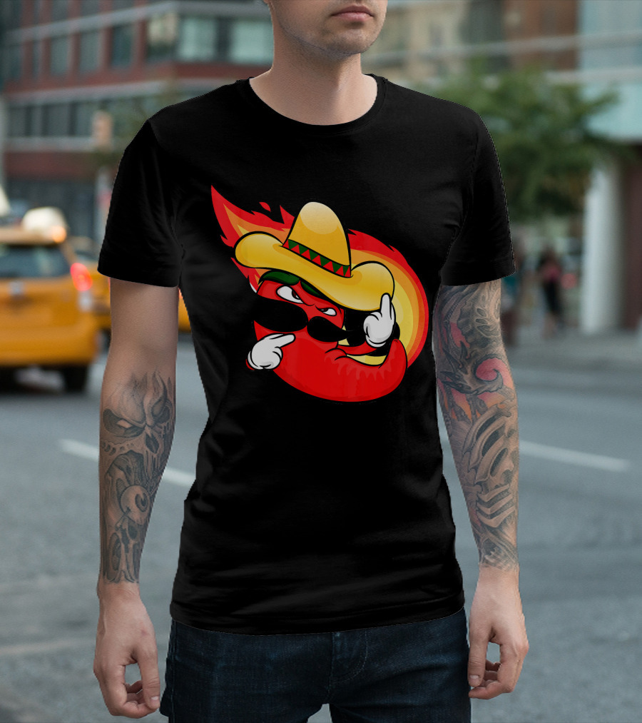 Spicy Hot and Spicy Chili Red with Burning Chili Pepper in Sombrero and Flame Background T-Shirt