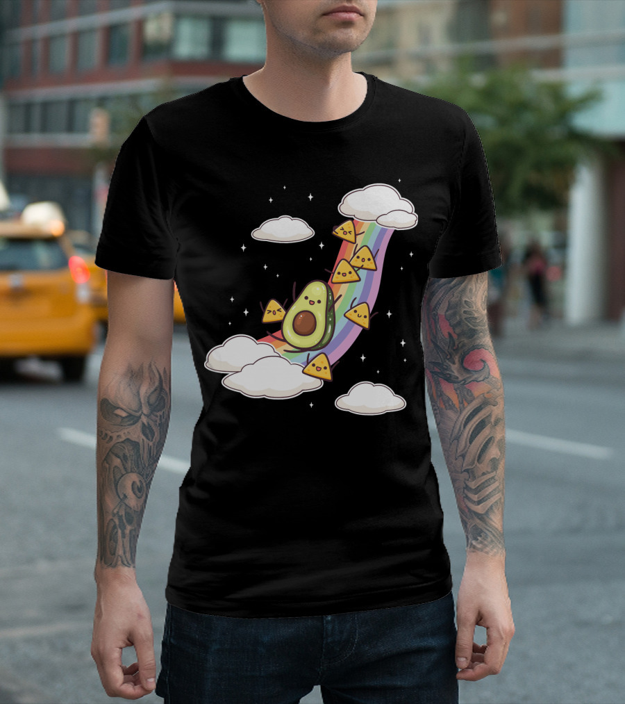 Avocado Nachos Riding a Rainbow with Clouds and Stars Guacamole Fun T-Shirt