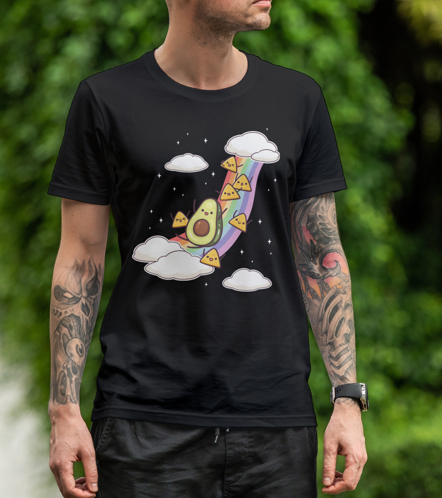 Avocado Nachos Riding A Rainbow With Clouds And Stars Guacamole Fun T-Shirt
