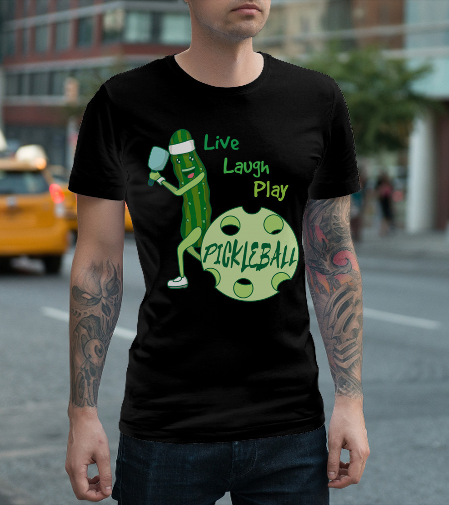 Live Laugh Play Pickleball Funny Sports Pickle Character Paddle T-Shirt