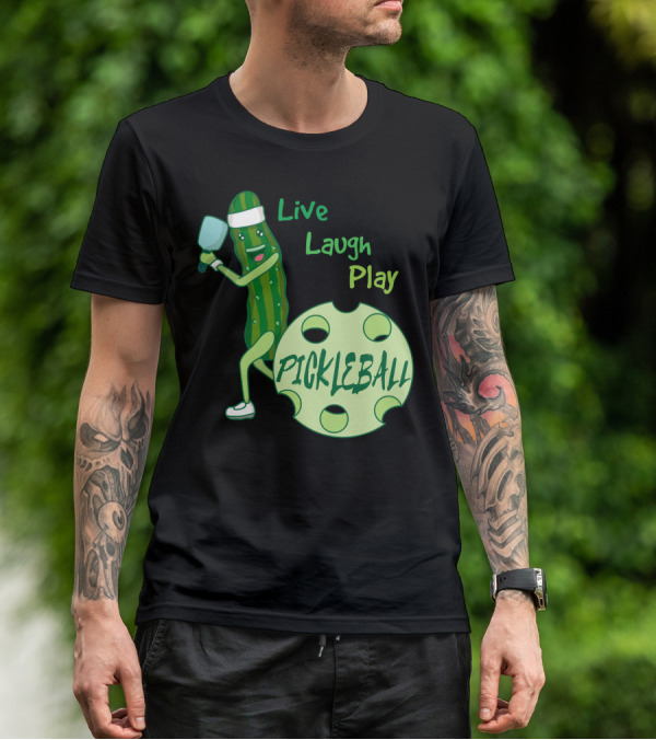 Live Laugh Play Pickleball Funny Sports Pickle Character Paddle T-Shirt