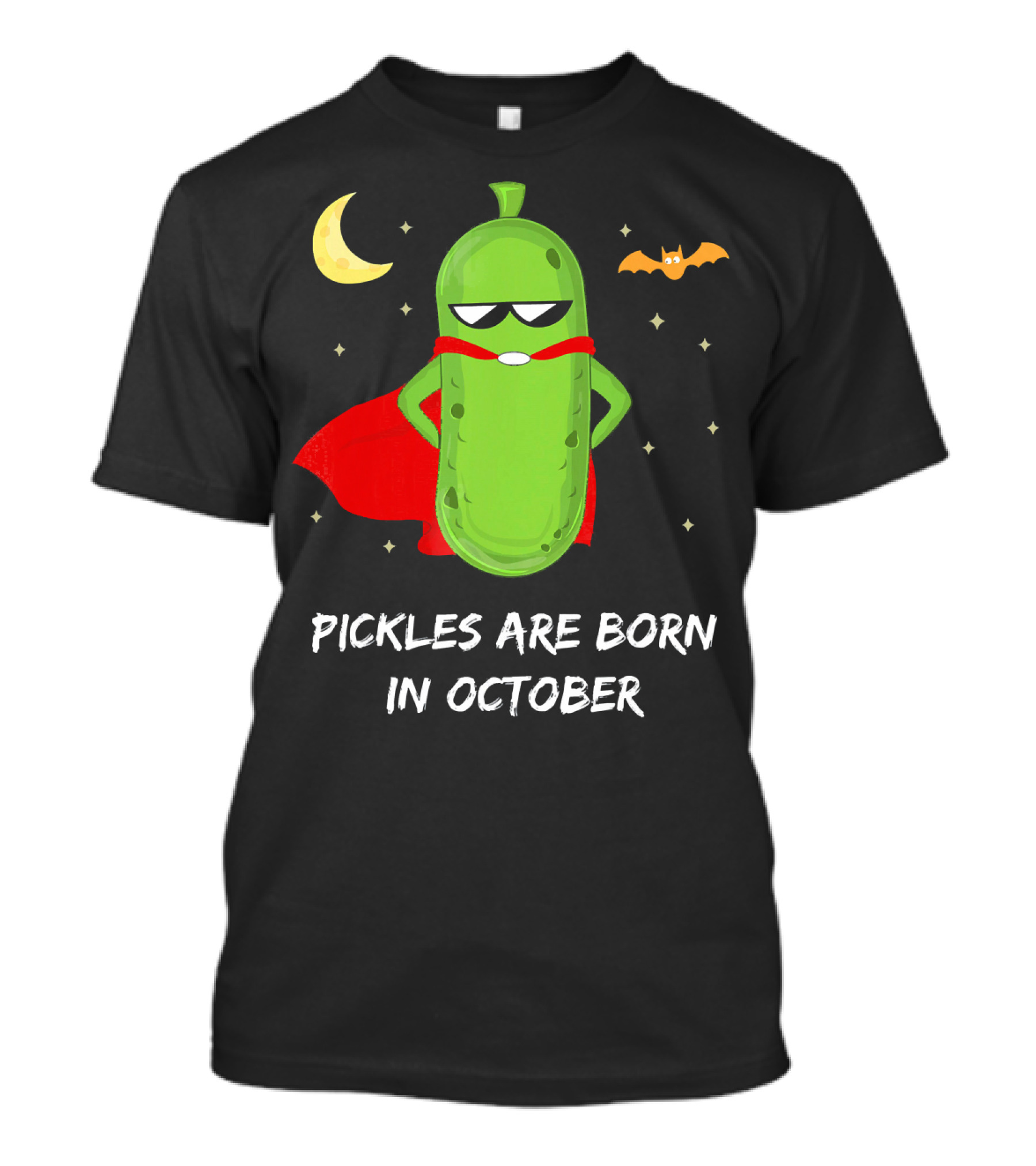Superhero Pickles With Cape And Halloween Moon Born In October T-Shirt